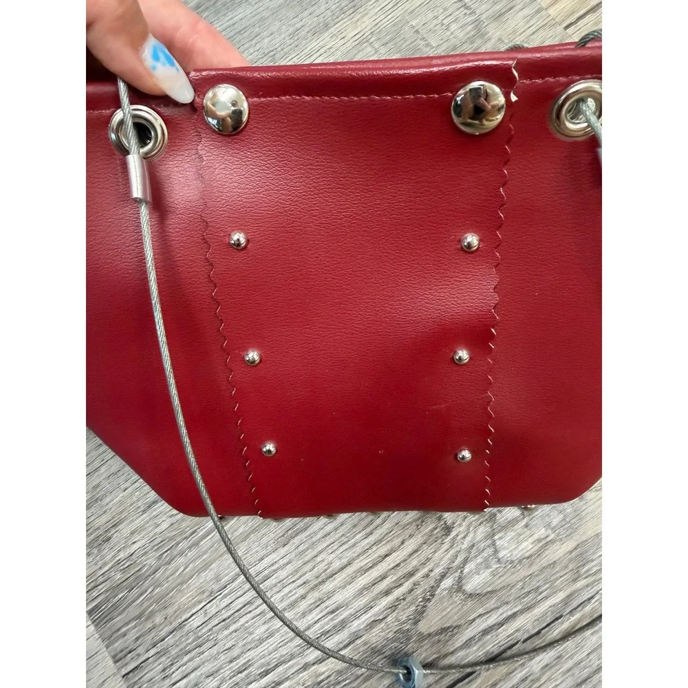 Hardwear by Renee Red Vegan Leather Studded Bucket Bag with Wire Cable Straps
